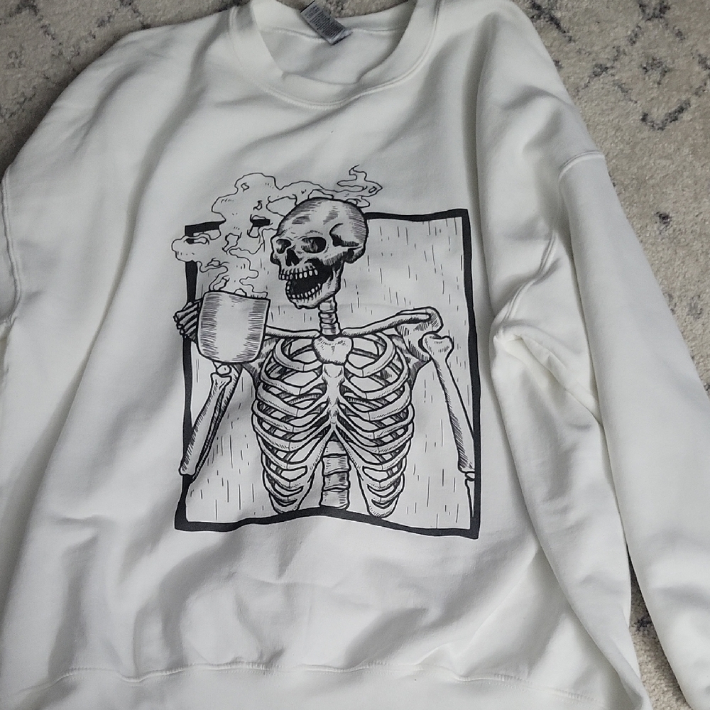 Gildan White Skeleton Graphic Women's Crewneck Sweater..NEVER WORN!!